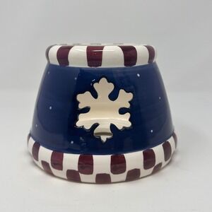 Blue Ceramic Snowflake Candle Jar Topper Holiday Winter Decor Checkered Trim